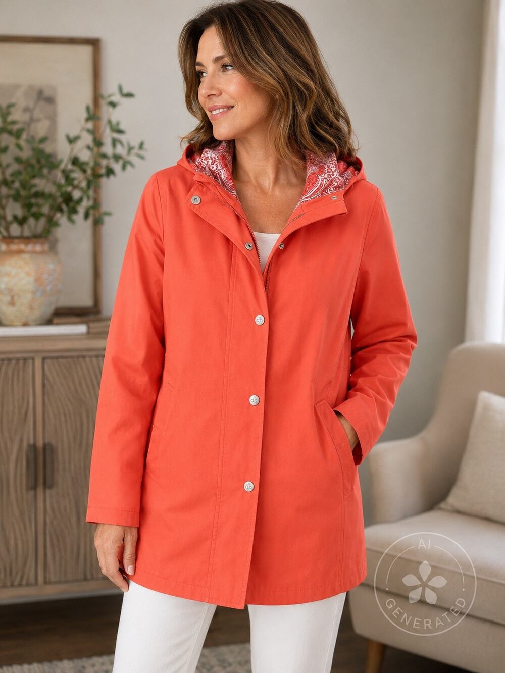 Dennis Basso Women's Medium Coral Hooded‎ Raincoat Paisley Lined Snap Front